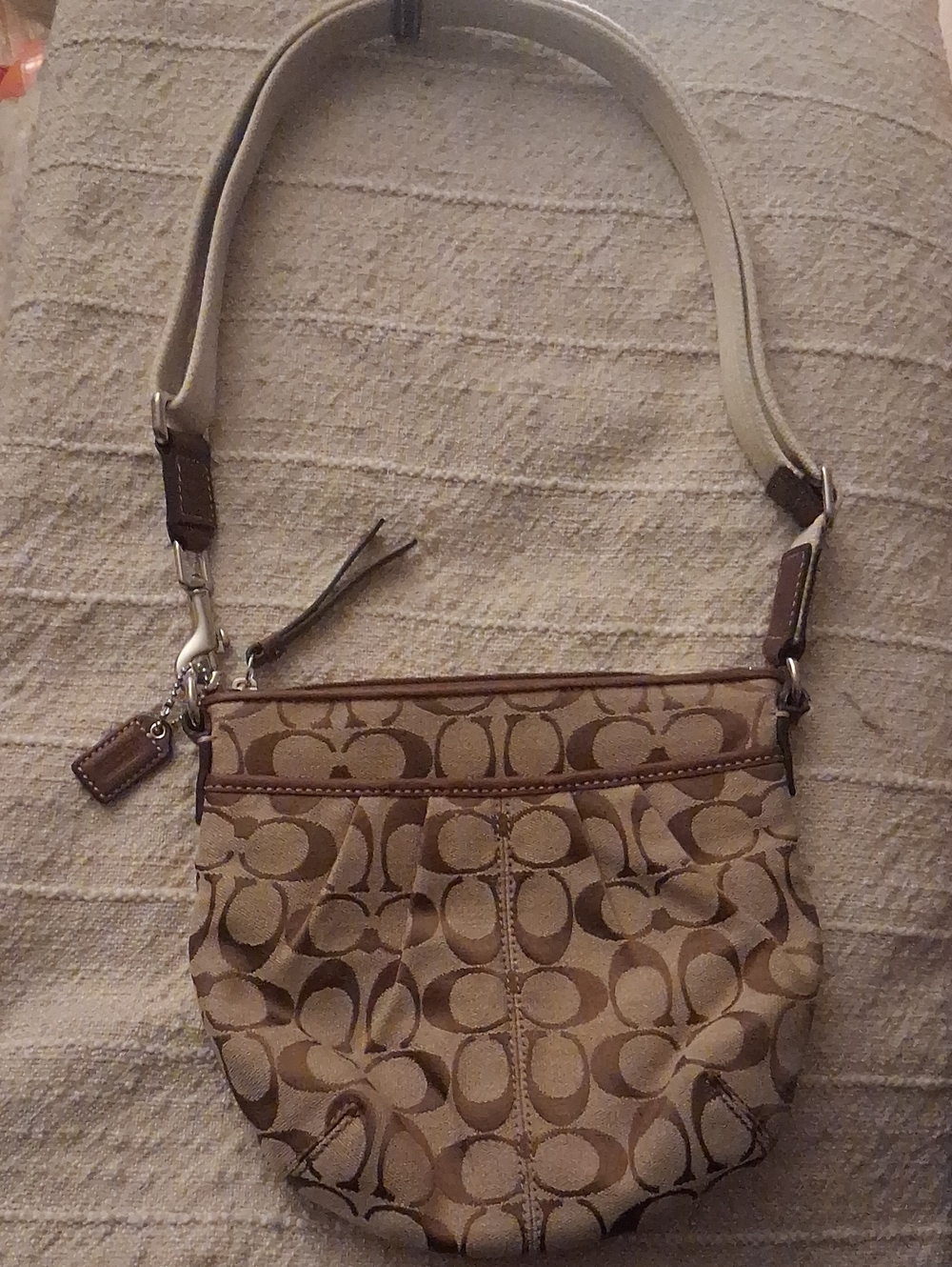 Coach Signature Canvas Shoulder Bag in Tan and Brown with Cream Strap